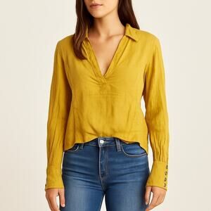 Free People Mustard Linen Blend V-Neck Blouse
